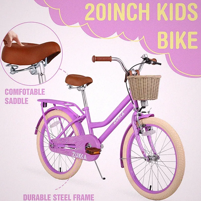 Purple 20in Kids Bike Single Speed Comfort Riding with Basket for 7-10 Year Old